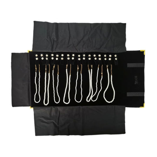 treachi Portable Jewelry Roll Metal Coner Bag Necklace Chain Braclet Black Velvet Travel Pouch