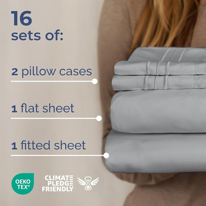Bulk Case Pack of 16 Sheet Sets - (16) Complete Full Size Sheet Sets with Deep Pockets - Wholesale Bulk Bedding for Hotels, Spas & Airbnbs - Breathable, Cooling and Wrinkle Free - (Full, Steel Blue)