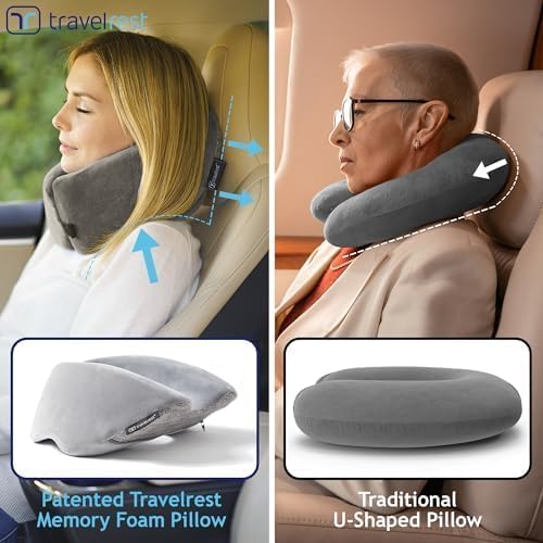 TRAVELREST Nest Neck Pillow Travel Essentials - Memory Foam Pillow and Patented Design, Support for Long Flights, Travel Accessories, Comfortable and Compact, Washable, Attaches to Luggage - Gray