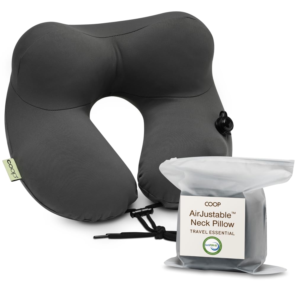 Coop Home Goods AirJustable Travel Neck Pillow, Inflatable, Adjustable Support for Neck & Chin, Compact Travel Pillow, Soft Memory Foam Comfort, Airplane Travel Essentials, Cooling & Washable Cover