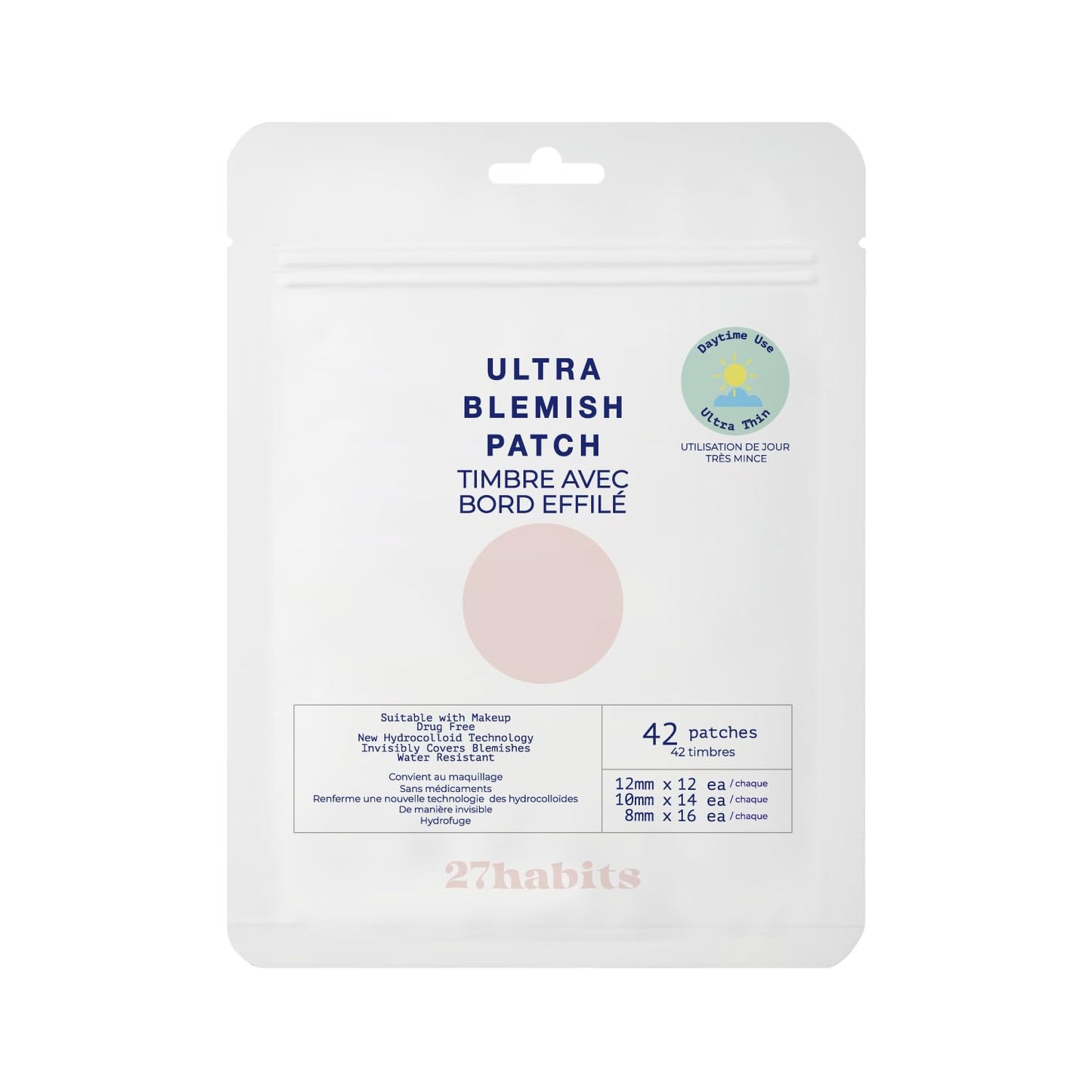 27habits ULTRA BLEMISH PATCH DAYTIME USE (42 patches) - Ultra-thin, Invisible, Hydrocolloid, Protects and Covers Blemishes, Eco-Friendly Packaging and Cruelty Free, Korean skincare