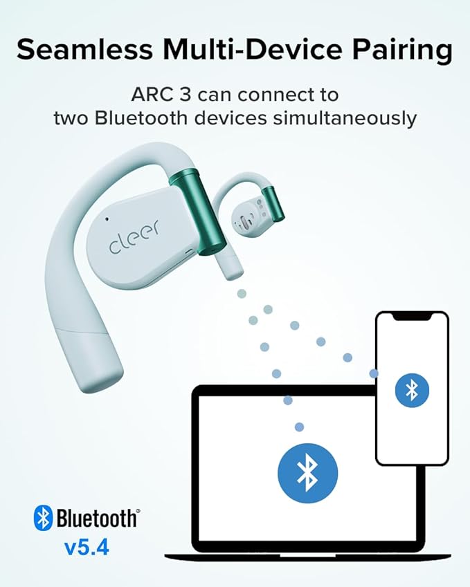 Cleer ARC 3 Open Ear Headphones - Dolby Audio, Snapdragon Sound True Wireless Earbuds, 50Hr Battery, Bluetooth 5.4, IPX 7, Multi-Point, Smart Controls, Wireless Charging Smart Case, Comfort Fit, Blue