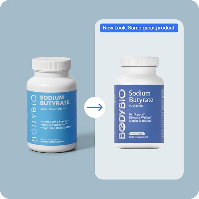 BodyBio Butyrate - Postbiotic for Gut Health, Digestive Support, Bloat, Gas & Constipation Relief, Leaky Gut Repair - Sodium + Butyric Acid Supplement for GI Wellness