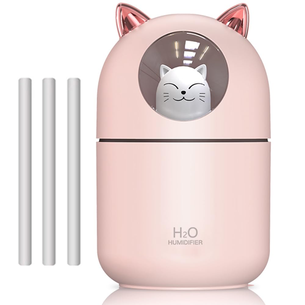 Portable Small Humidifier, YIMIKE 300ml Mini Cool Mist Humidifier with Night Light, USB Personal Humidifier Auto Shut-Off, Ultra-Quiet, 2 Spray Modes, Suitable for Home Office Travel (Light Pink)