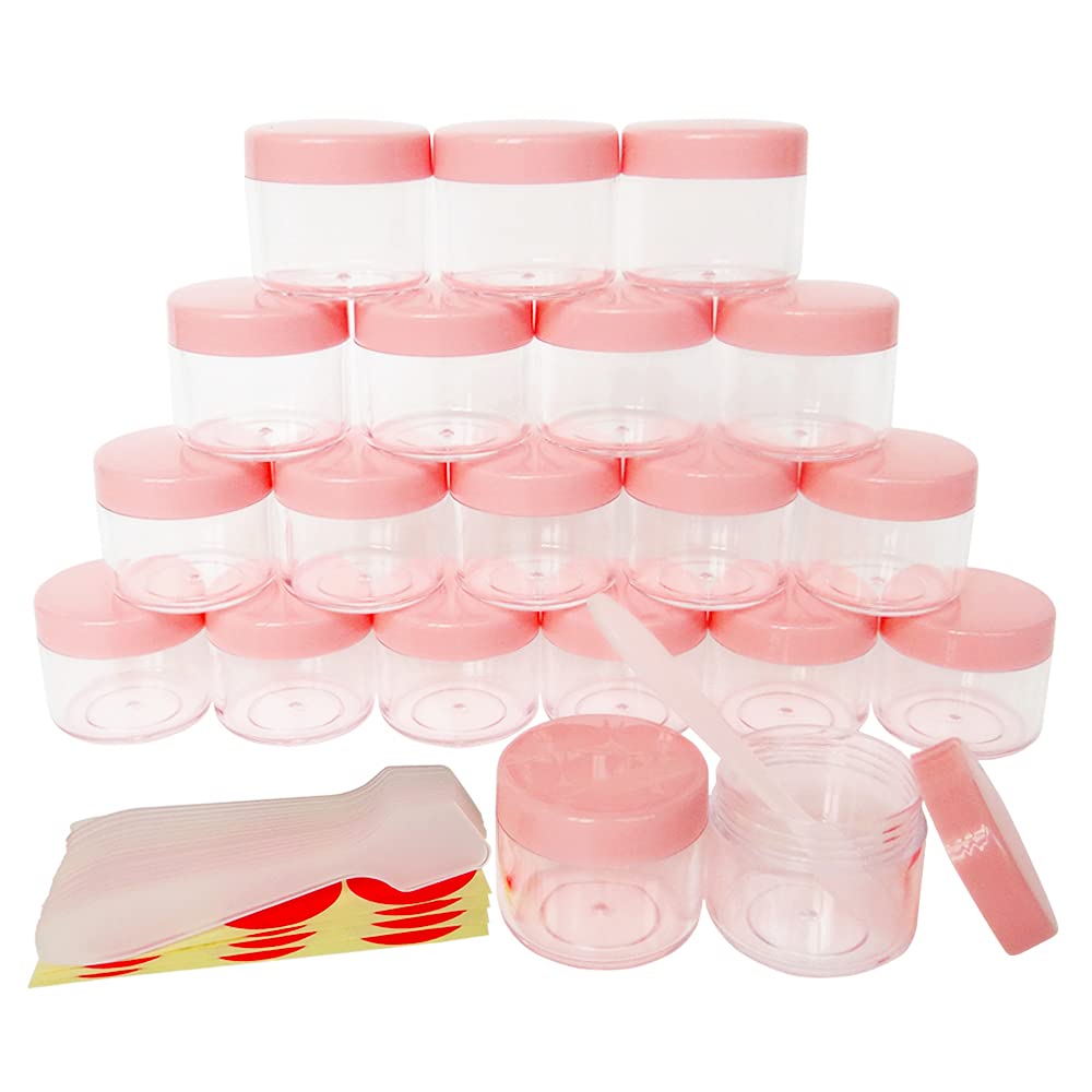 Wopanxye 20pcs 20ml Mini Travel Jars with Pink Lids for Cosmetics, 20g Plastic Small Pot for Beauty Container, Makeup Sample Eyeshadow, Face Cream, Lip Gloss Balm, Powder, Lotion, Toner, Homemade DIY