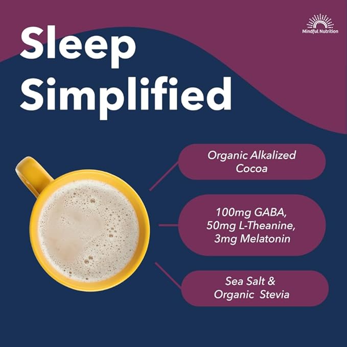 Mindful Evening Sugar Free Cocoa Mix Natural Sleep Aid, 40 Servings, Melatonin 3mg, L-Theanine, GABA Supplements, Natural Calm Sleep Support Stress Relief Calm Sleepy Cocoa Nighttime Hot Chocolate