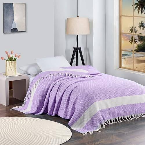Breathable Bedspread Woven Blanket Cooling Queen Full Size Quilt Thin Comforter Boho Bed Bedroom Thing Girl Aesthetic Preppy Stuff Cute Accessories Girly Room Aesthetic College Student Decor Purple