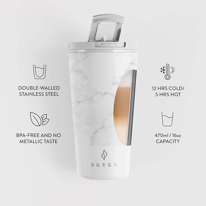 BURGA Travel Coffee Mug (16oz) – Spill-Proof, Secure-Seal Insulated Coffee Mug – Scratch-Resistant, Stainless Steel Travel Mug Stays Hot or Cold – Anti-Slip Coffee Tumbler – White Marble Travel Mug