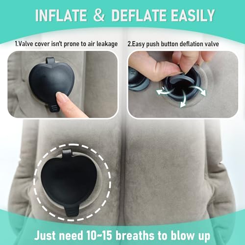 Gloserin Inflatable Travel Pillow for Airplanes, Airplane Pillow for Supports Neck, Used for Planes, Trains, Cars, Includes Storage Bag, Eye Mask & Earplugs (Grey)