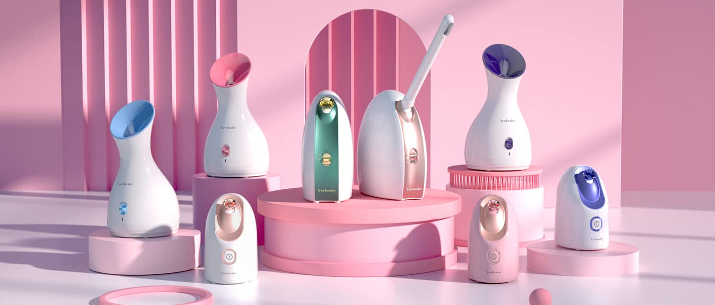 Newbealer Facial Steamer, Mini Aroma Face Steamer, Nano Ionic Hot Mist Facial Humidifier Atomizer, Home Sauna Spa Sprayer Moisturizing Cleansing Pores, 9 Pieces Acne Remover Kit (Pink-Gold, 160ml)