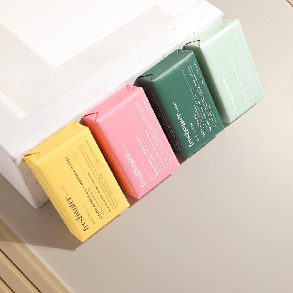 Freshwater Farm Australia Castile Natural Bar Soap | Rosewater + Pink Clay | Australian Made + Family Owned | Triple-Milled with Australian Pink Clay | Recyclable Paper Wrap | 7 oz x 3 pack