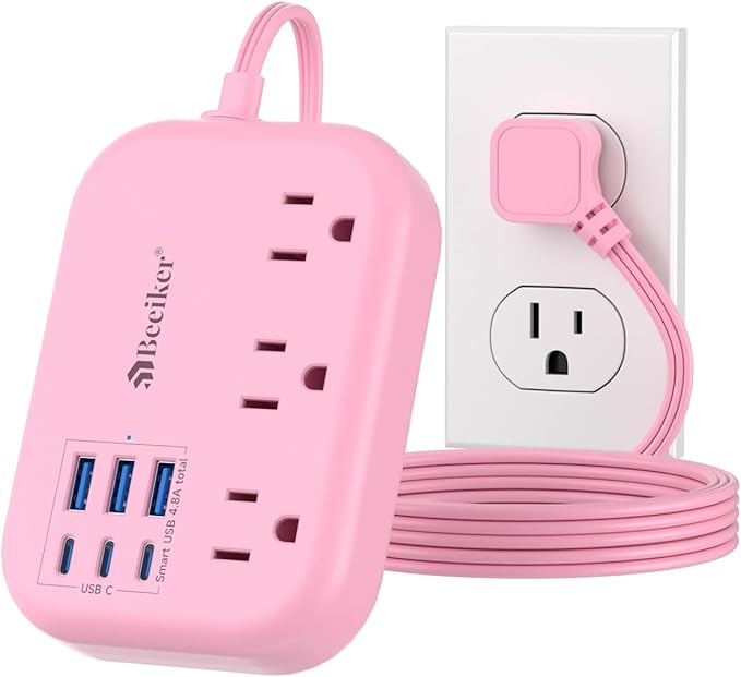 6 USB(3 USB C) Pink Power Strip- 5Ft Pink Extension Cord with 6 USB Charging Station 24W/4.8A and 3 Outlets, Pink Desk Accessories for Cruise Travel Pink Cute Kawaii College Dorm Desk Home Essentials