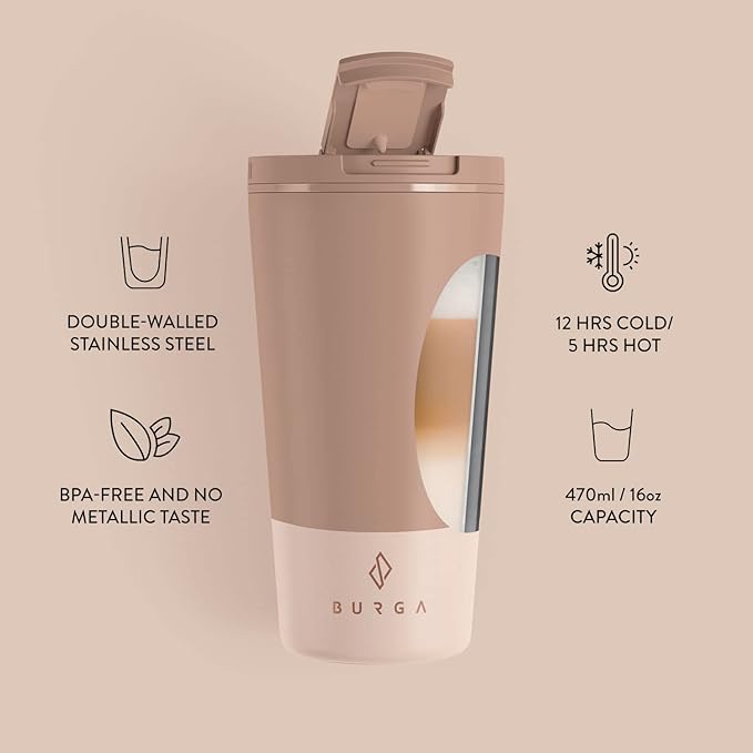 BURGA Travel Coffee Mug (16oz) Spill-Proof, Secure-Seal Insulated Mug Scratch-Resistant, Stainless Steel Anti-Slip Tumbler Double Pink