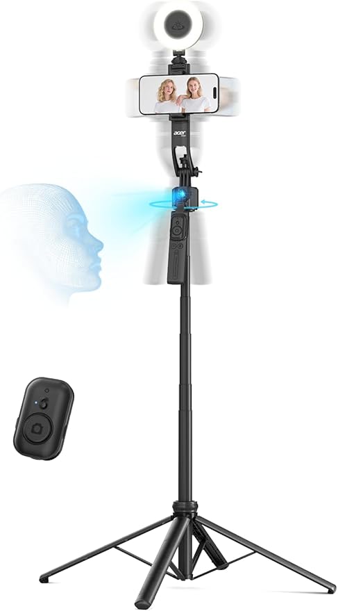 acer Auto Face Tracking Tripod for iPhone/Cell Phone/Android/Camera with Light and Remote, 64", No App, 360°Rotating Tripod Selfie Stick for Tiktok YouTube Vlog Live Streaming Video Recording