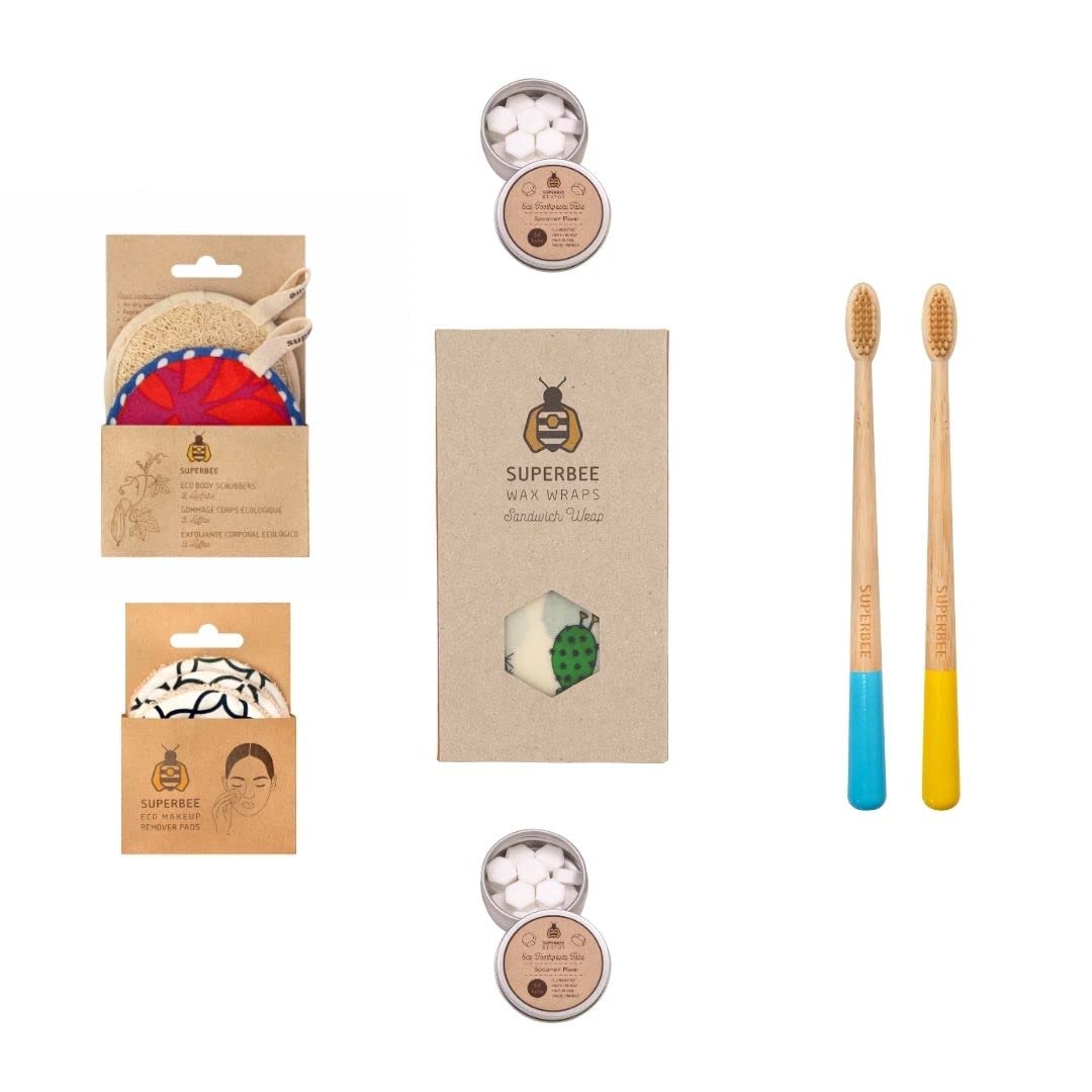 SuperBee Women Gift Box - Toothpaste Tablets, Natural Body scrubbers, Soft Bristles Bamboo toothbrushes, Make up Removal Pads, Beeswax wrap - Eco Friendly Gift, Housewarming Gift Christmas Women Day …