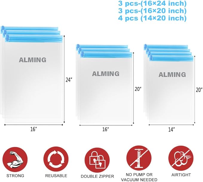 Compression Bags - Travel Accessories - 10 Pack Space Saver Bags - No Vacuum or Pump Needed - Vacuum Storage Bags for Travel Essentials - Home Packing-Organizers (Blue)