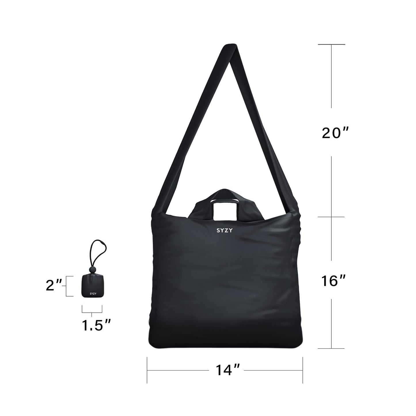 SYZY Crossbody Packable Travel Tote Bag - Portable Nylon Shopping Beach Market Bag - Reusable Collapsible Stuffable Pouch (Black)
