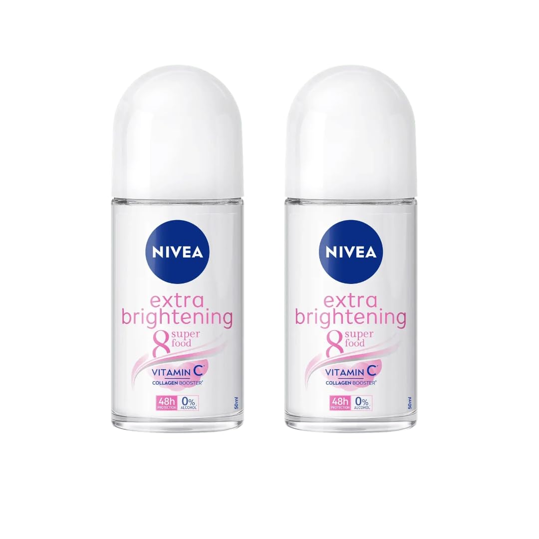 NIVEA Extra Brightening 8 Super Food Vitamin C Collagen Booster Underarm Roll-On Deodorant, Alcohol-Free, 48HR Odor Protection, Smooth & Bright Skin, 50ml, 1.69oz, Pack of 2