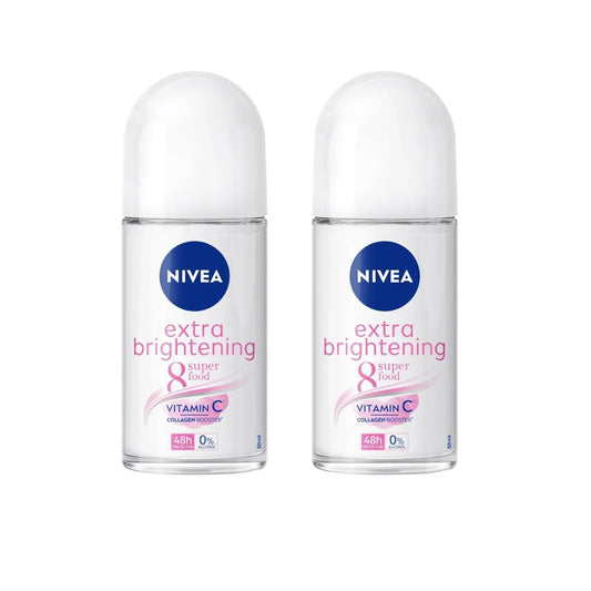 NIVEA Extra Brightening 8 Super Food Vitamin C Collagen Booster Underarm Roll-On Deodorant, Alcohol-Free, 48HR Odor Protection, Smooth & Bright Skin, 50ml, 1.69oz, Pack of 2
