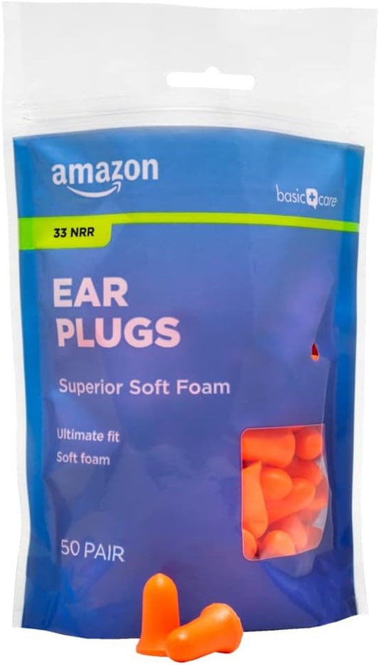 Amazon Basic Care Soft Foam Earplugs, 100 Count (1 Pack of 50 Pairs)
