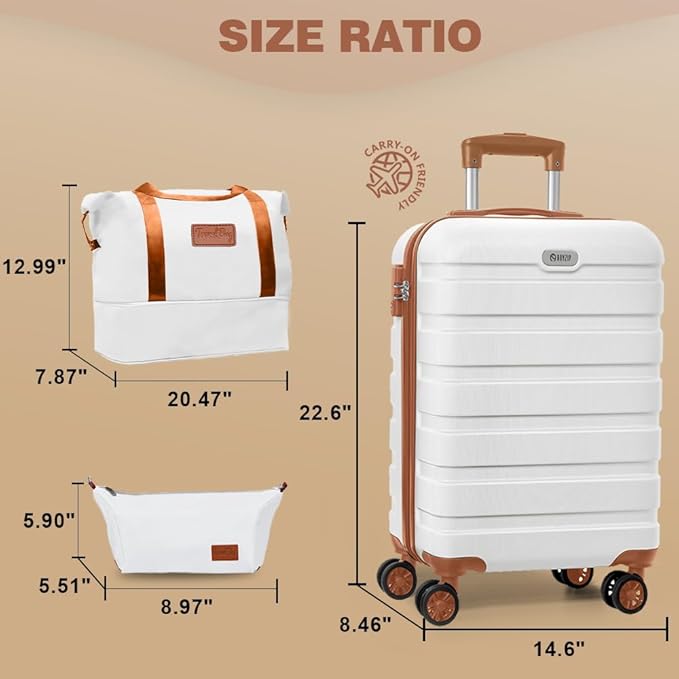 AnyZip Luggage Set 20 Inch Carry on Luggage PC ABS Hardshell Lightweight Suitcases for Travelling with 4 Universal Wheels TSA Lock White Brown