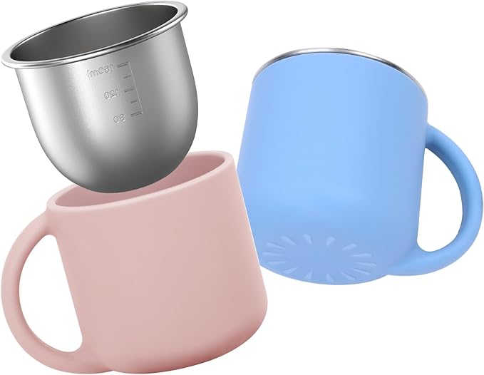 2-IN-1 Open Toddler Cups, Stainless Steel Cup + Silicone Training Cup for Toddlers Kids Babys, No Plastic | No Soap Smell | Shock-Proof Baby Led Weaning Supplies, 2-Pack Blue/Blush