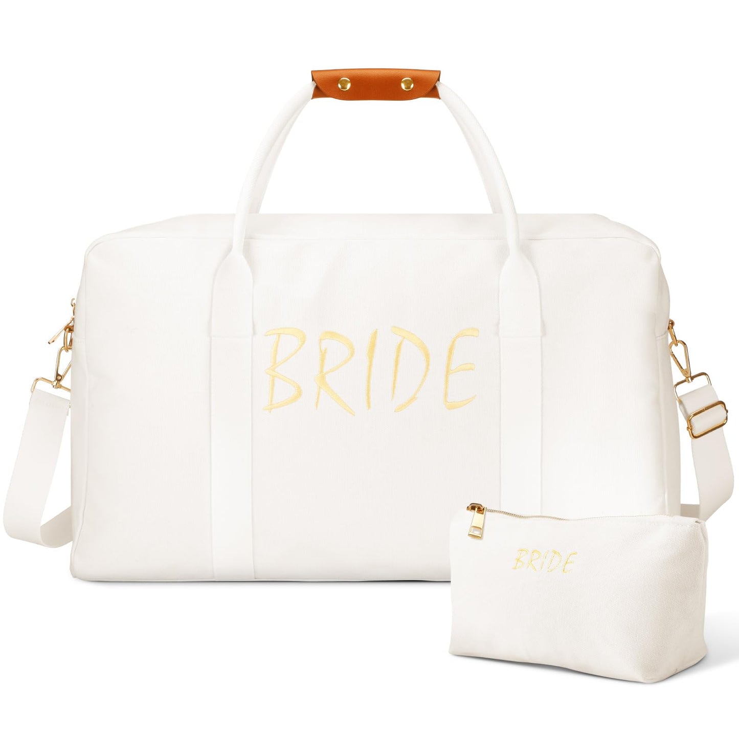 Cosblank 2 Pcs Wedding Weekender Bag for Women Bridal Shower Gifts Bride Travel with Shoe Compartment Shoulder Bride Bag with Chenille Letter Patch Makeup Gift for Wedding Engagement Honeymoon