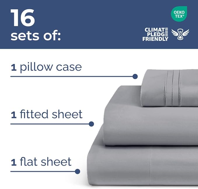 Bulk Case Pack of 16 Sheet Sets - (16) Complete Twin Size Sheet Sets with Deep Pockets - Wholesale Bulk Bedding for Hotels, Spas & Airbnbs - Breathable, Cooling and Wrinkle Free - (Twin, Steel Blue)