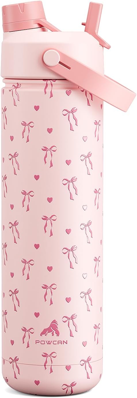 26 oz Insulated Water Bottle with 2-in-1 Straw and Spout Lid, Keep Cold 24H, Leak-Proof, Fits in Car Cup Holder, Stainless Steel Water Bottle for Sports, Travel, and School (Sweetheart Bow)