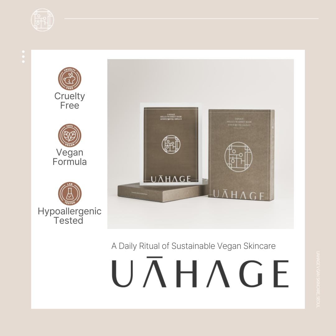 UAHAGE Hello I’m Mask Sheet – Deep Hydration, Vegan Korean Skincare with 10 Hyaluronic Acids, Resurrection Plant, Panthenol, Allantoin, Jojoba Seed Oil, Arginine (25ml x 5 Sheets / 0.85 fl.oz each)