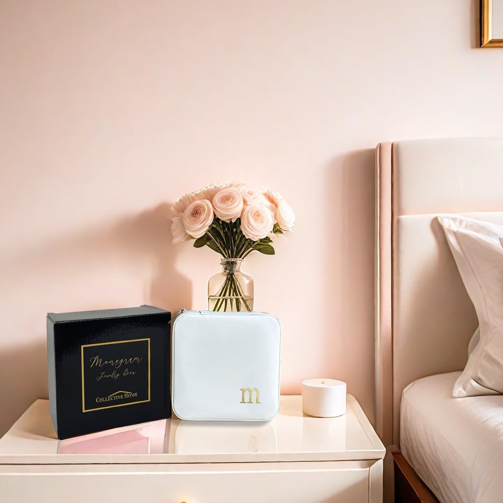 COLLECTIVE HOME - Travel Jewelry Case, Elegant Square Design with Gold Engraved Monogram, Built-in Mirror, Personalized Accessory Organizer for Rings, Necklaces, Gift for Women and Teens (m)