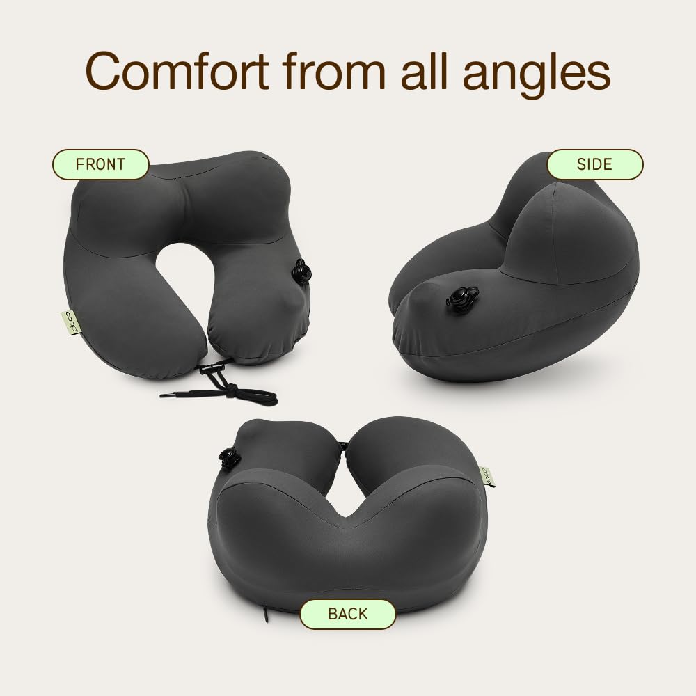 Coop Home Goods AirJustable Travel Neck Pillow, Inflatable, Adjustable Support for Neck & Chin, Compact Travel Pillow, Soft Memory Foam Comfort, Airplane Travel Essentials, Cooling & Washable Cover