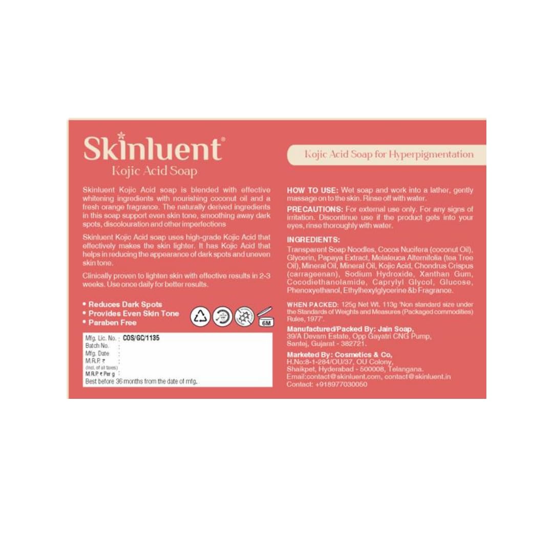 Skinluent Kojic Acid Soap for Dark Spots and Hyperpigmentation – Face & Body Bar for Uneven Skin Tone, and Age Spots, 4.4oz