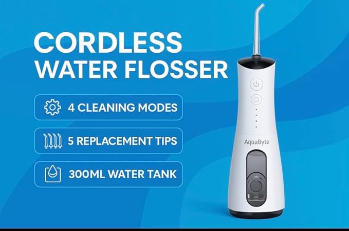 AquaByte Cordless Professional Water Flosser. Dental Oral Irrigator for Teeth, Braces, Gums. Electric Power with 5 Different Types of Nozzles. 4 Pressure Operation Modes. Including a USB-C Charger.