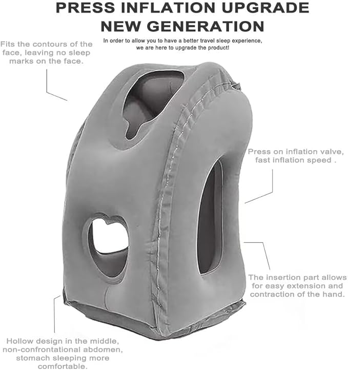 Inflatable Travel Pillow,U-Shaped JYSW Portable Airplane Pillow Multifunctional Neck and Head Support Lap Pillow for Airplanes Trains Buses and Office Napping with Eye Mask, Earplugs, Grey