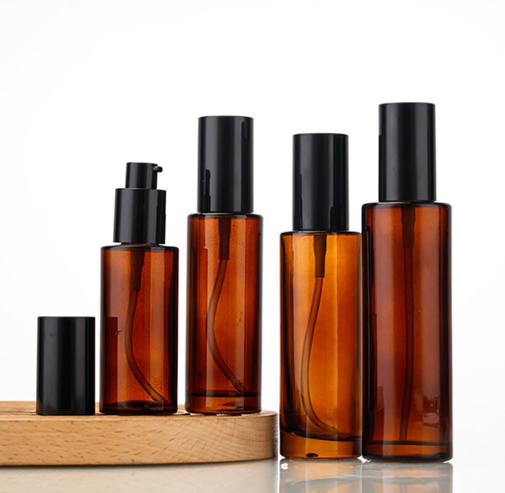 ASTRQLE 3 Pcs 60ml 2oz Amber Glass Pump Bottle - Travel Cream, Lotion, Mini Soap Dispenser, Cosmetic Bottle, Container, Vial, Jar for Shampoo, Essential Oil, Liquid Foundation