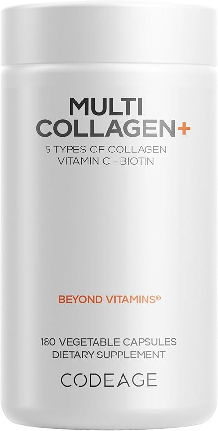 Codeage Multi Collagen+ Supplement with Vitamin C, Biotin 5000 mcg, Hyaluronic Acid, Amla Berry, BioPerine - 5 Types of Collagen Grass-Fed, Pasture-Raised - 2-Month Supply - Non-GMO - 180 Capsules