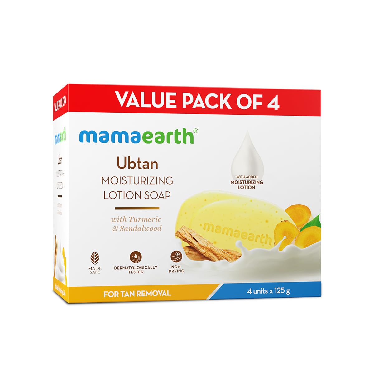 MAMAEARTH Ubtan & Sandalwood Moisturizing Lotion Soap Bar | Removes Tanning & Gently Exfoliates | Traditional De Tan Bath Bar | for Face & Body | 4 Bars (4.41 Oz/125g Each)