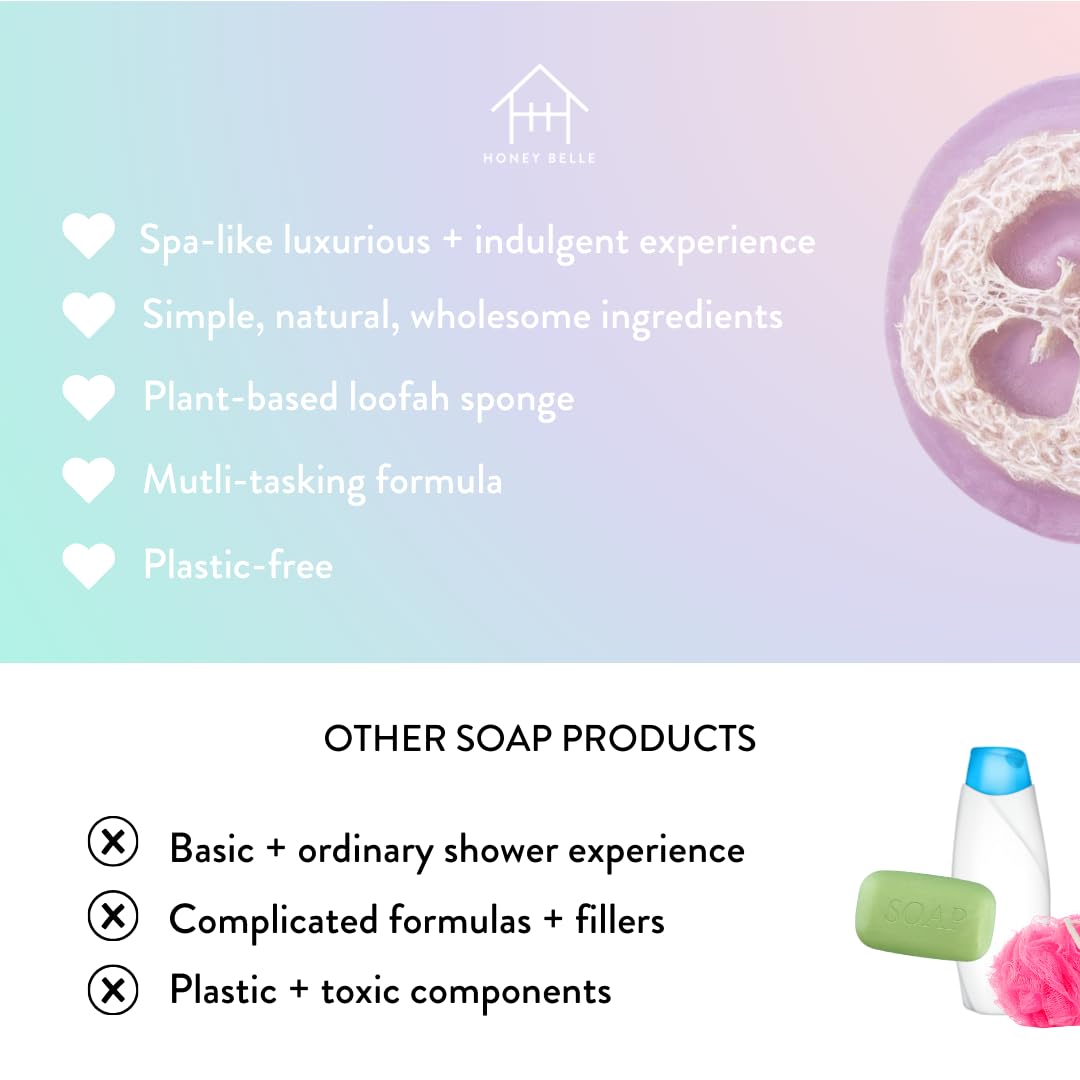 Honey Belle Exfoliating Loofah Soap 3-Pack Floral - Exfoliating Bar Soap with Loofah Inside - Cleansing, Moisturizing, Nourishing, Scrubby Soap - Plant-Based, Eco-Friendly, Vegan, Cruelty-Free