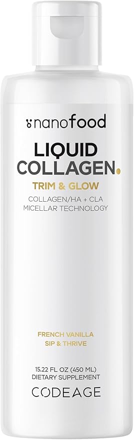 Codeage Liquid Collagen Supplement Vanilla Flavor, Beauty Trim & Glow Liposomal Collagen Peptides, CLA Conjugated Linoleic Acid, Hyaluronic Acid, Vitamin E, Hydrolyzed, Non-GMO, 15.22 fl oz