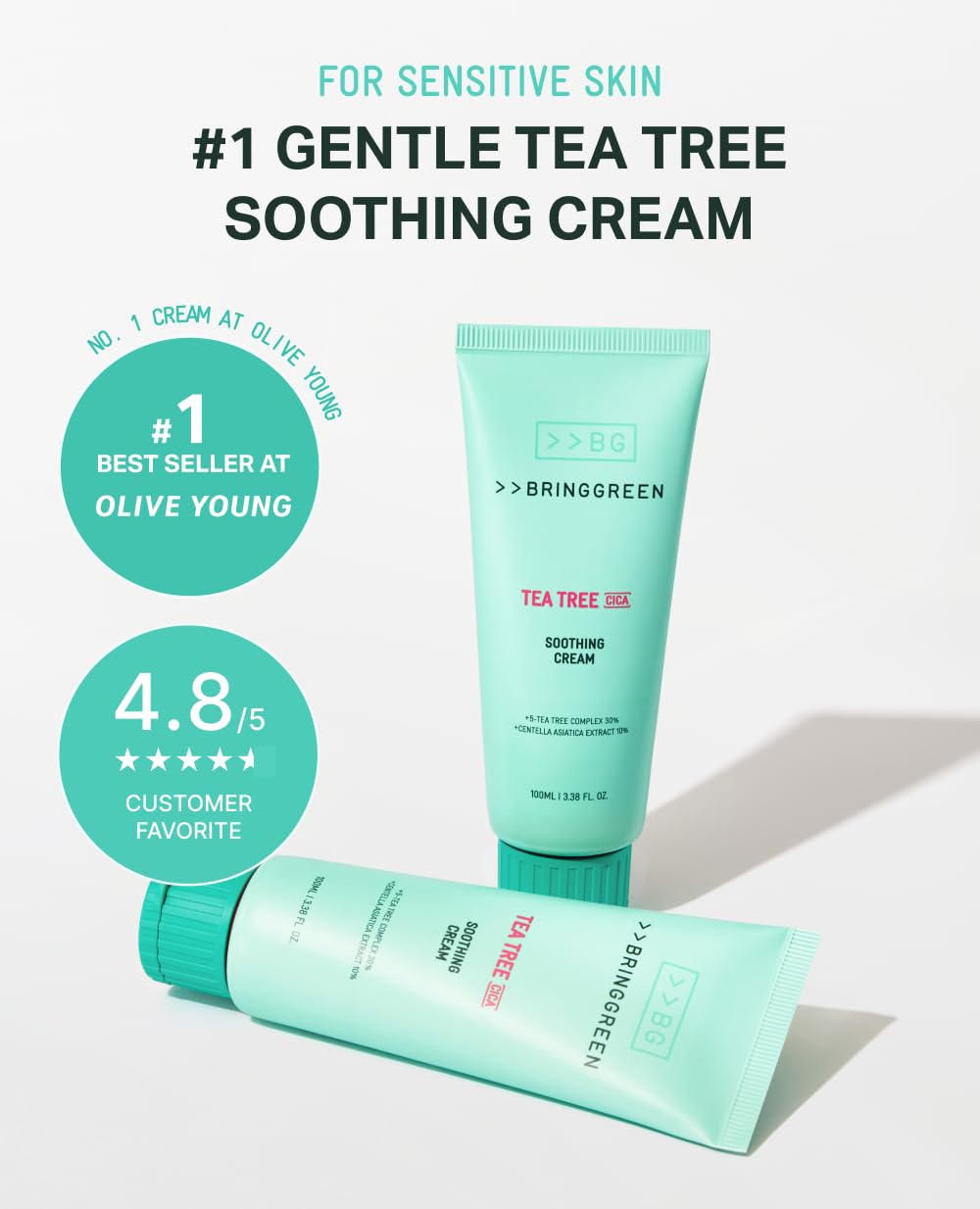 BRING GREEN Tea Tree Cica Soothing Cream Plus 100ml Korean Skin care, calming and soothing, moisturizer for skin, facial cream, trouble care, Blackhead Removing Pore care (Pack of 1)