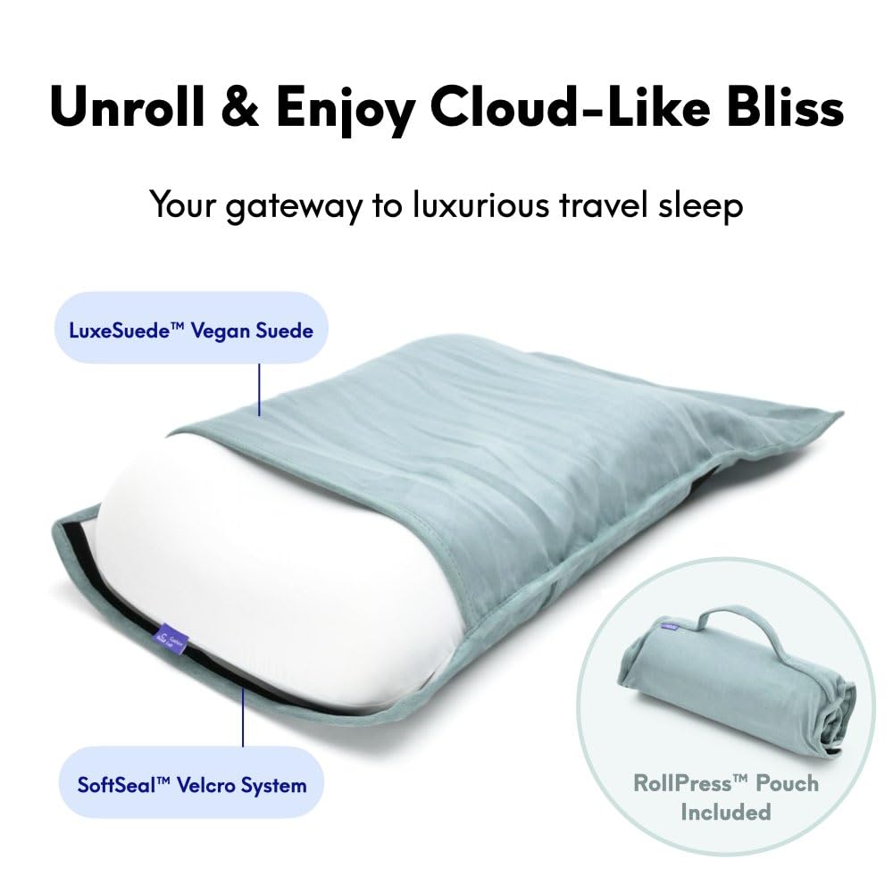 Cushion Lab Travel Deep Sleep Pillow – Compact Memory Foam Neck Pillow for Sleeping, Portable Pillow for Hotels, Camping, Side & Back Sleepers, On-The-Go – Wellness Green