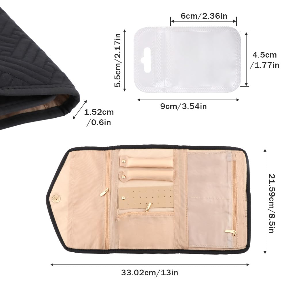 Parthan Travel Jewelry Organizer Case, Foldable Jewelry Storage Roll with 50 pcs Transparent Self Sealing Bag for Store Necklaces Earrings Bracelets Rings, Travel Essentials Girls Gifts(Black)