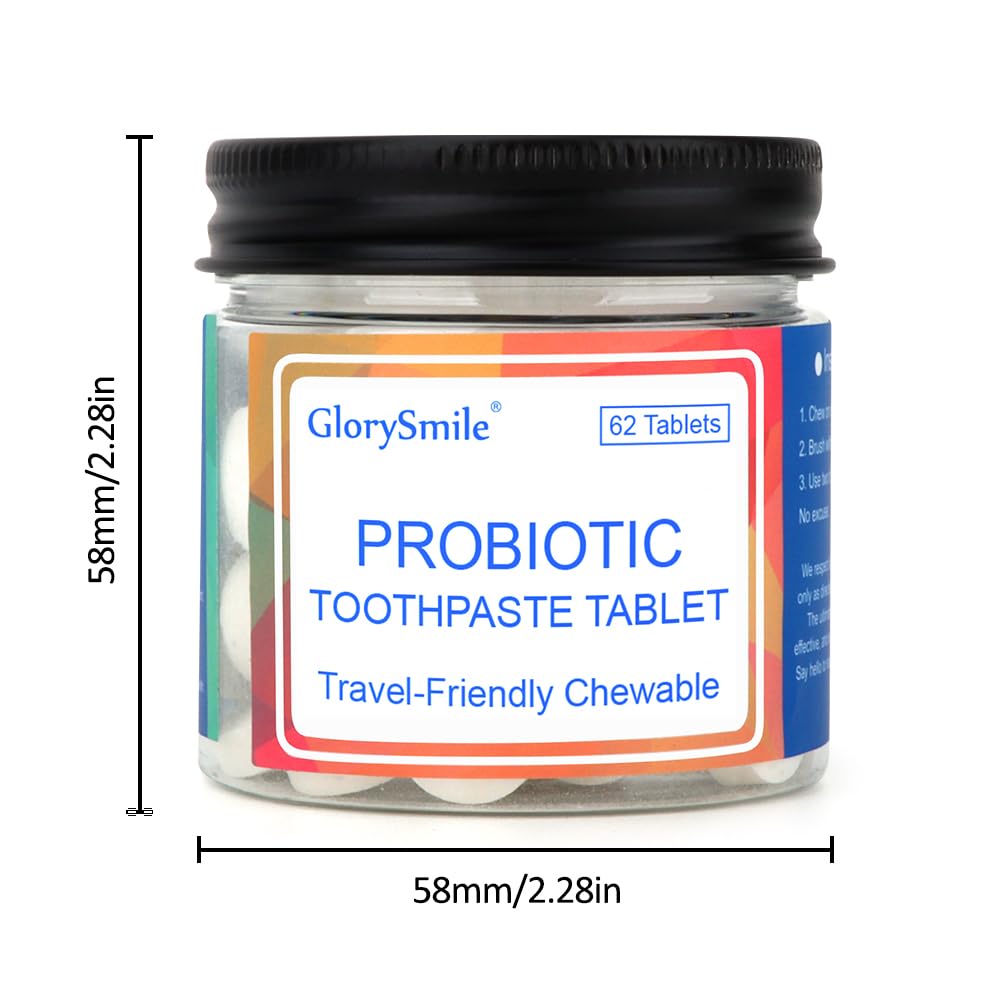 GlorySmile Toothpaste Tablets, Nano Hydroxyapatite with Probiotics, Fluoride & Plastic Free, Eco & Travel Friendly Size, Remineralizing Chewable Toothpaste Tabs - 62ct, Mint