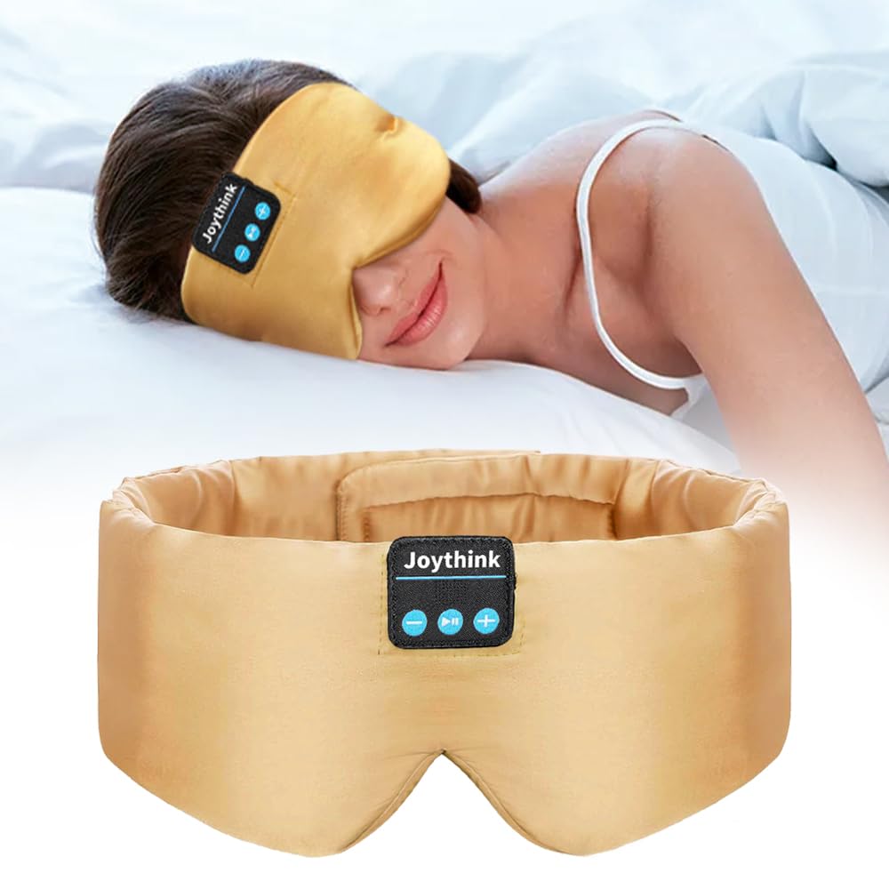Joythink Sleep Headphones Bluetooth Sleep Mask Silk Headband Earphones Bluetooth Eye Mask for Sleeping On Side Blackout Soft Sleep Earphones Kids Children Music Eye Cover Champagne Gold