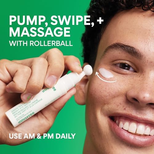 innisfree Green Tea Caffeine Depuffing Eye Serum with Niacinamide, Cooling Korean Eye Roll-On for Hydration and Brightening