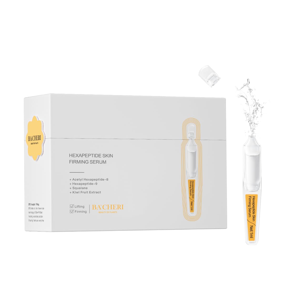 BACHERI Skin Firming Serum with Acetyl Hexapeptide-8, Hexapeptide-9, Carnosine - Moisturizing, Hydrating and Antioxidant for Fine Lines, 30 Pcs/Box Ampoules