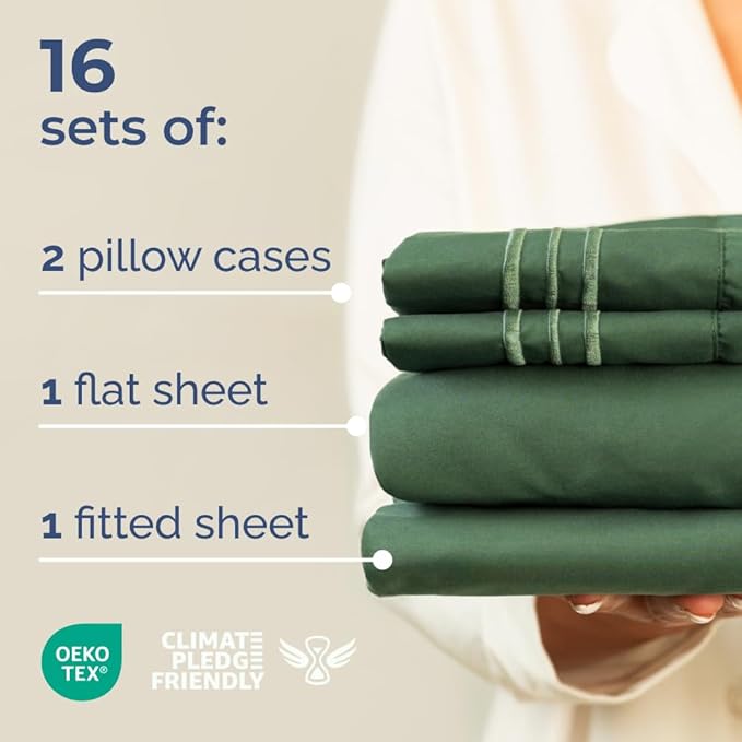 Bulk Case Pack of 16 Sheet Sets - (16) Complete Full Size Sheet Sets with Deep Pockets - Wholesale Bulk Bedding for Hotels, Spas & Airbnbs - Breathable, Cooling & Wrinkle Free - (Full, Emerald Green)