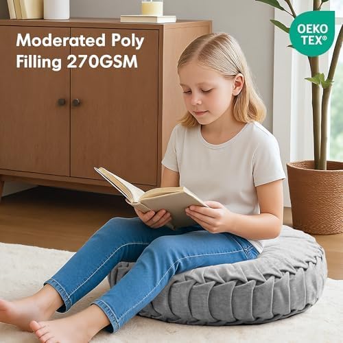 Intelligent Design Loretta Round Chenille Tufted Floor Pillow with Elegant Pleated Design, Large Boho & Vintage Decorative Throw Pillow for Sofa, Bed, or Chair, 22" x 6", Grey