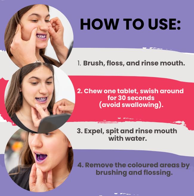 50 Tablets Dental Disclosing Tablets for Kids and Adults - Individually Wrapped Plaque Disclosing Solution - Safe & Effective Two-Tone Dental Cleaning